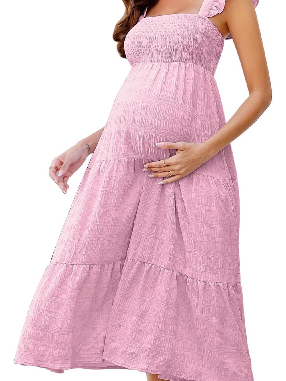 Ruffled Strap Pink Maternity Midi Dress